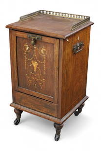VICTORIAN COAL SCUTTLE: INLAID VICTORIAN COAL SCUTTLE, ON CASTERS, BRASS GALLERY TOP. MINOR WEAR TO FINISH. 14" W x 14" D x 26" H. THIS ITEM EXCEEDS SIZE OR WEIGHT LIMITATIONS FOR IN HOUSE SHIPPING, MUST BE PICKED UP VIA 3rd