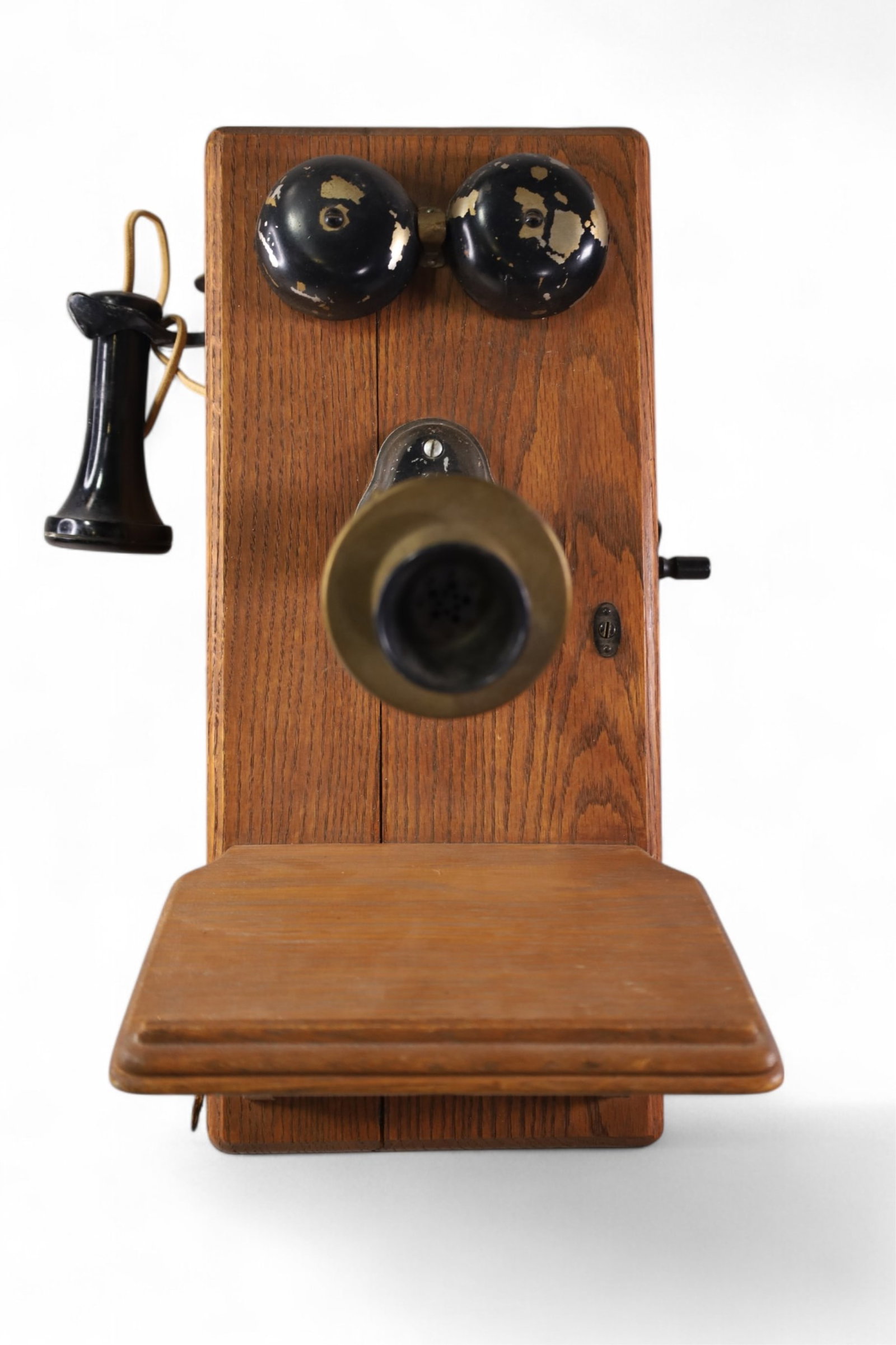 ANTIQUE WALL PHONE: ANTIQUE WALL PHONE, UNMARKED. 20 1/2" H. THIS ITEM EXCEEDS SIZE OR WEIGHT LIMITATIONS FOR IN HOUSE SHIPPING, MUST BE PICKED UP VIA 3rd PARTY GROUND SHIPPER.