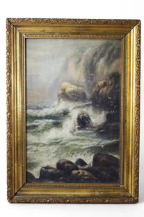 SEASCAPE OIL PAINTING: OIL ON CANVAS, SIGNED LOWER RIGHT, HAS HOLE IN LOWER CENTER, 12" x 18" IMAGE SIZE / 16" x 21" IN FRAME