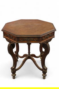 1930'S LAMP TABLE: 1930s OCTAGON TOP LAMP TABLE, WEAR TO FINISH. 28" x 28" x 29" H. THIS ITEM EXCEEDS SIZE OR WEIGHT LIMITATIONS FOR IN HOUSE SHIPPING, MUST BE PICKED UP VIA 3rd PARTY GROUND SHIPPER.