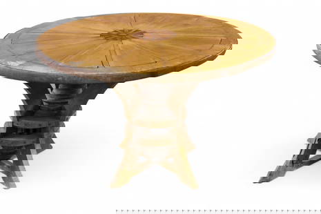 WAGON WHEEL TABLE: LARGE WAGON WHEEL TABLE WITH HUB BASE, AGE SPLITS. CONDITION IS CONSISTENT WITH AGE. 48" DIAM x 31" H. THIS ITEM EXCEEDS SIZE OR WEIGHT LIMITATIONS FOR IN HOUSE SHIPPING, MUST BE PICKED UP VIA 3rd PAR