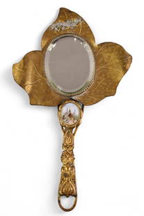 VICTORIAN HAND MIRROR: SMALL VICTORIAN HAND MIRROR, PARIS EXPOSITION 1900. 13" L.