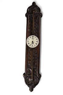 GERMAN WALL CLOCK: UNUSUAL GERMAN WALL CLOCK, SAWTOOTH STYLE CLOCK, CARVED WOOD BACK. MARKED ANNO 1750. DIAL IS LOOSE. ALL CLOCKS ARE SOLD AS IS WE DO NOT GUARANTEE WORKING ORDER. 26" H.