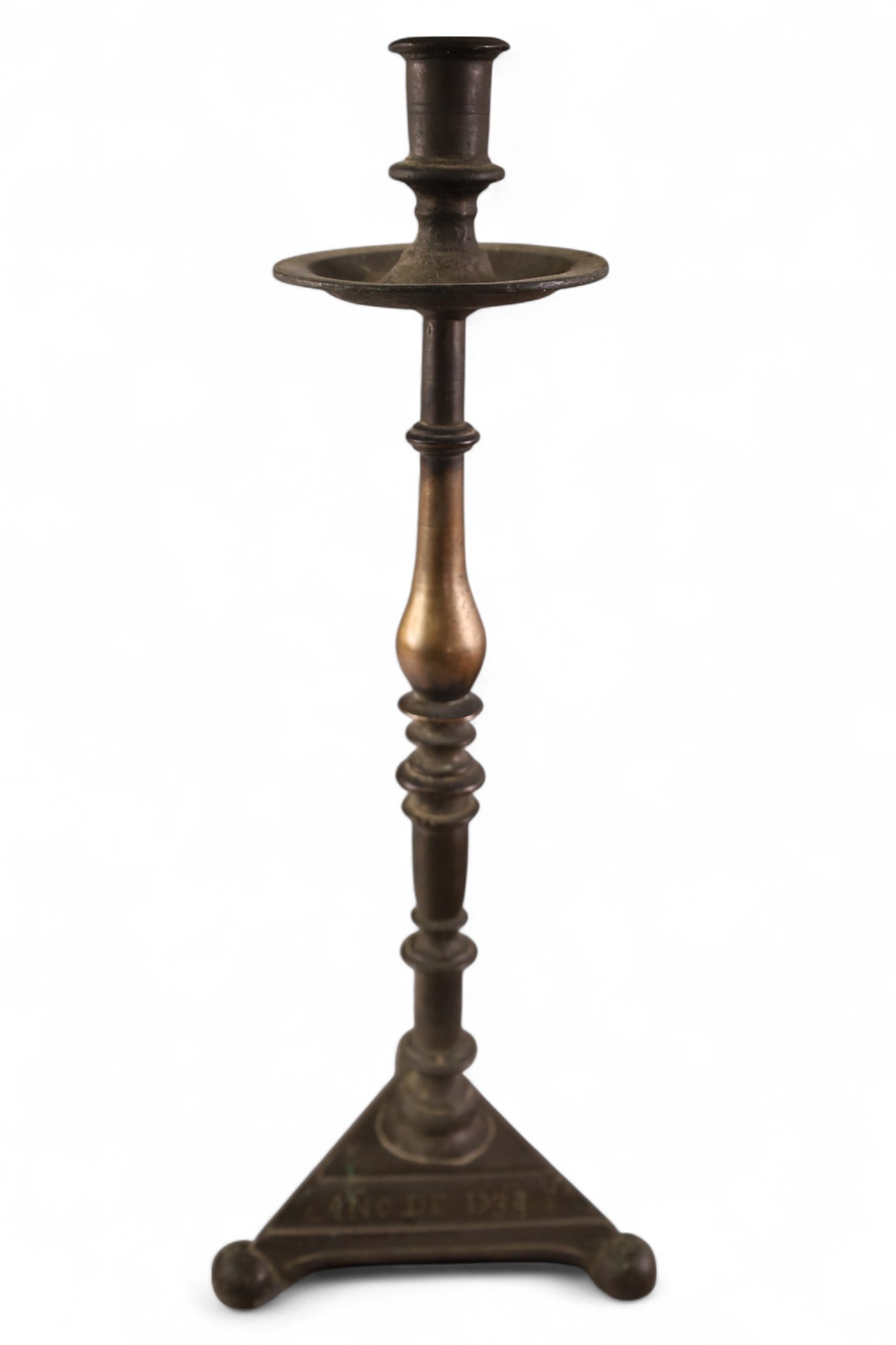 BRONZE CANDLESTICK: MARKED 1734, BRONZE CANDLESTICK. 18" H.