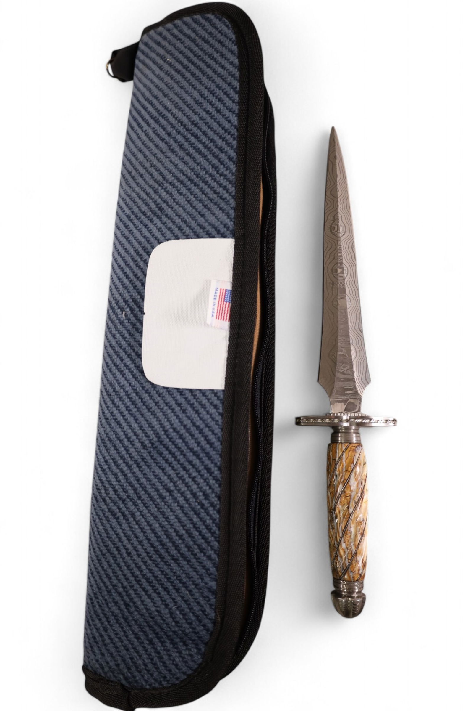 TODD KOPP DAGGER: TODD KOPP CUSTOM DAGGER, DAMASCUS BLADE, & MAMMOTH TOOTH HANDLE. 15 1/2" L & 10" L BLADE.