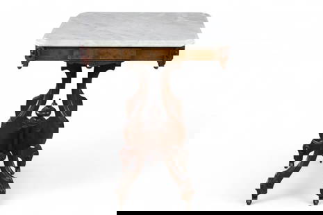 MARBLE TOP LAMP TABLE: VICTORIAN MARBLE TOP LAMP TABLE, 22" W x 16" D x 29" H. THIS ITEM EXCEEDS SIZE LIMITATIONS FOR IN HOUSE SHIPPING, MUST BE PICKED UP IN HOUSE OR SHIPPED VIA 3rd PARTY GROUND SHIPPER.