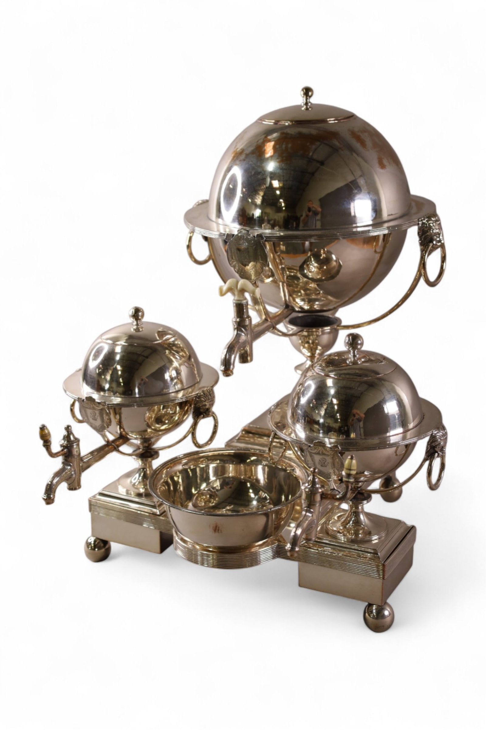 LARGE SILVERPLATE TRIPLE SAMOVAR: LARGE GEORGE III SILVERPLATED SAMOVAR, THREE LIDDED CONTAINERS WITH SPOUTS. MARKED ON BASE, SOME LOSS TO SILVERPLATE. ONE SPOUT IS LOOSE. 18" W x 20" H.