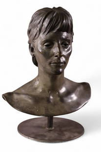 LARGE BRONZE BUST: LARGE BRONZE BUST OF A LADY ON CUSTOM BASE, SIGNED J.L.S. DATED 86, No 1/3. 13 1/2" W x 18" H.