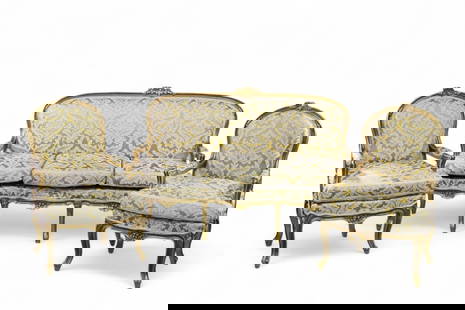 3 PIECE FRENCH PARLOR SET: 3 PIECE FRENCH LOUIS XV STYLE PARLOR SET, SETTEE & PAIR OF AMRCHAIRS. LOOSE CUSHIONS. MINOR CHIPS TO PAINTED FINISH. SETTEE, 64" W x 28" D x 41" H & CHAIRS, 26" W x 20" D x 40" H. THIS ITEM EXCEEDS SI