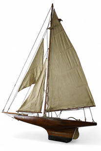 LARGE MODEL SHIP: LARGE MODEL SAILSHIP, WOOD FRAME, WITH ALRGE SAILS. 33" x 48" THIS ITEM EXCEEDS SIZE LIMITATIONS FOR IN HOUSE SHIPPING, MUST BE PICKED UP IN HOUSE OR SHIPPED VIA 3rd PARTY GROUND SHIPPER.
