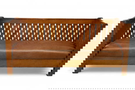 L. & J.G. STICKLEY #281 SETTLE: ARTS & CRAFTS MISSION OAK EVEN ARM #281 SETTLE, MARKED L & JG STICKELY, PEGGED CONSTRUCTION SETTLE WITH SLAT BACK AND SIDES. VINYL UPHOLSTERED SEAT CUSHION. 76" L x 31" D x 34" H. THIS ITEM EXCEEDS SI