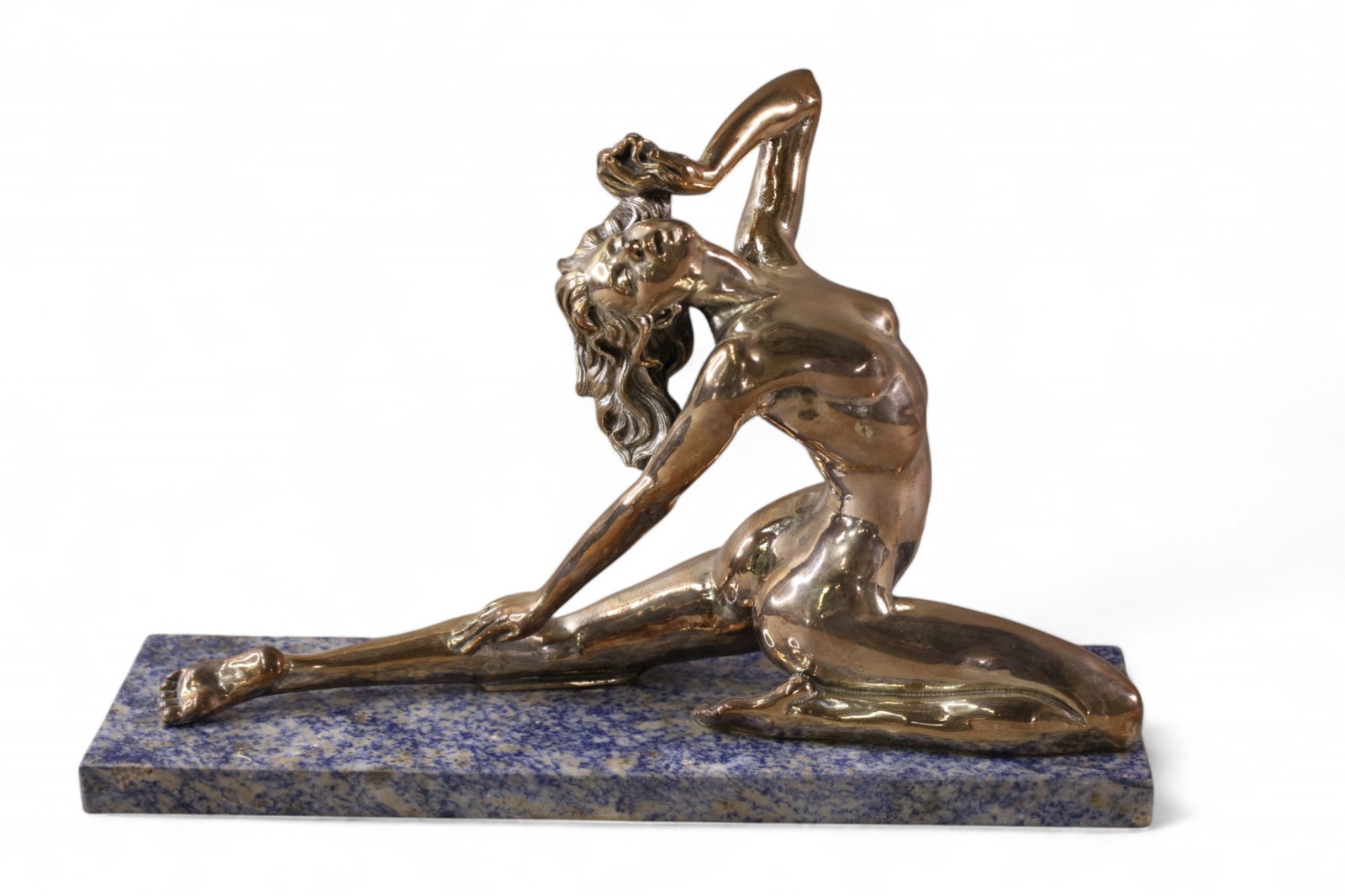 NUDE STERLING SCULPTURE: LARGE STERLING SILVER NUDE FIGURE, ON MARBLE BASE, STERLING OVERLAY FIGURE. MARKED 925. 15" L x 10" H.