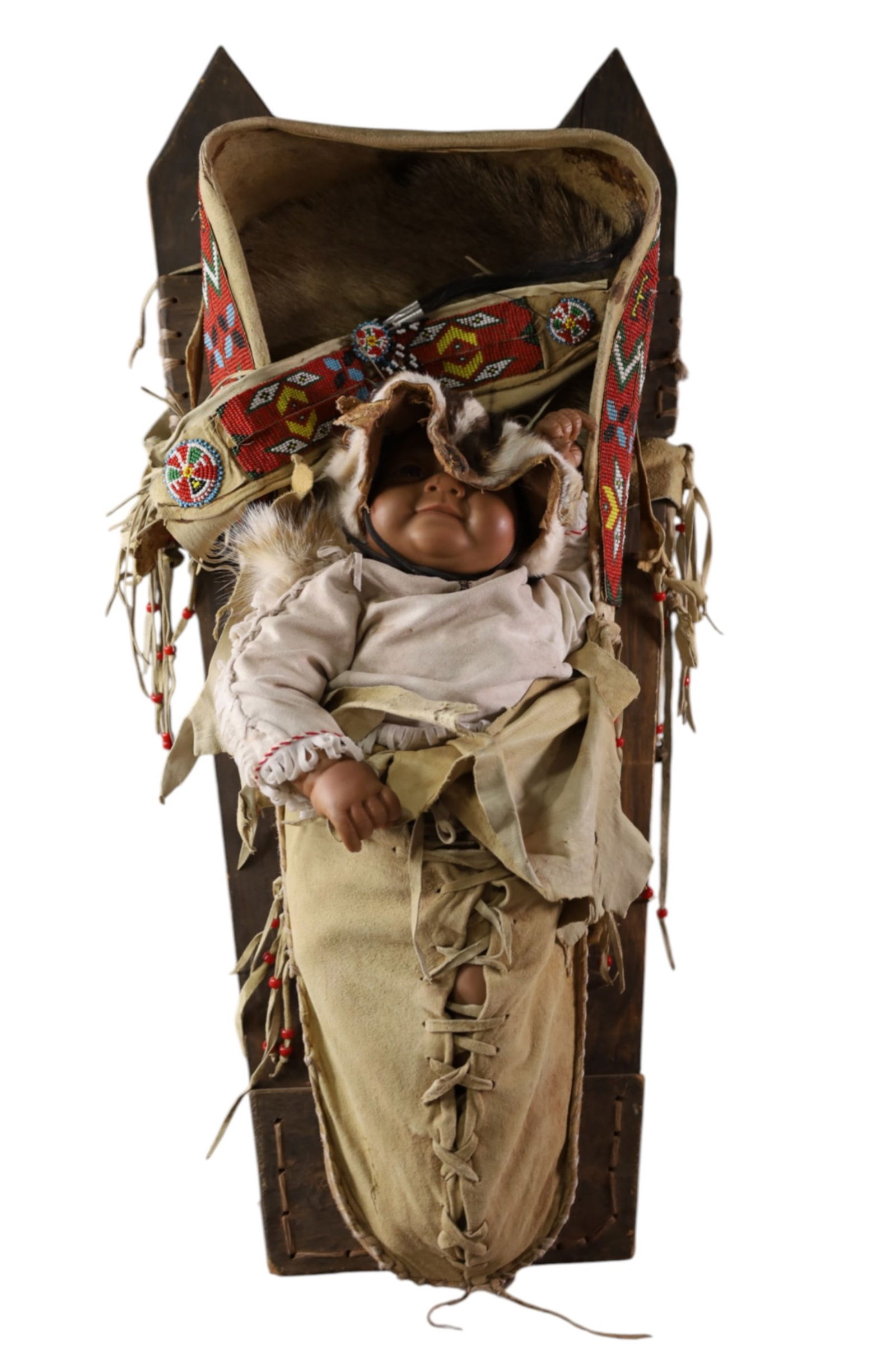 KIOWA CRADLE BOARD: HANDMADE NATIVE AMERICAN KIOWA CRADLE BOARD. BEADED DECORATION. 34" L. THIS ITEM EXCEEDS SIZE LIMITATIONS FOR IN HOUSE SHIPPING, MUST BE PICKED UP IN HOUSE OR SHIPPED VIA 3rd PARTY GROUND SHIPPER.