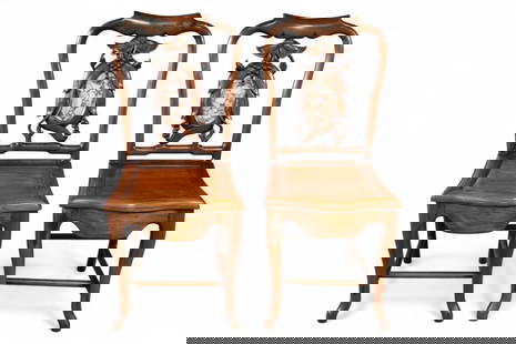 PAIR OF CHINESE HARDWOOD SIDE CHAIRS: PAIR OF CARVED CHINESE HARDWOOD SIDE CHAIRS WITH INLAID STONE DECROATION ON CHAIR BACK. 16"W x 16" D x 36'H . THIS ITEM EXCEEDS SIZE LIMITATIONS FOR IN HOUSE SHIPPING, MUST BE PICKED UP IN HOUSE OR SH
