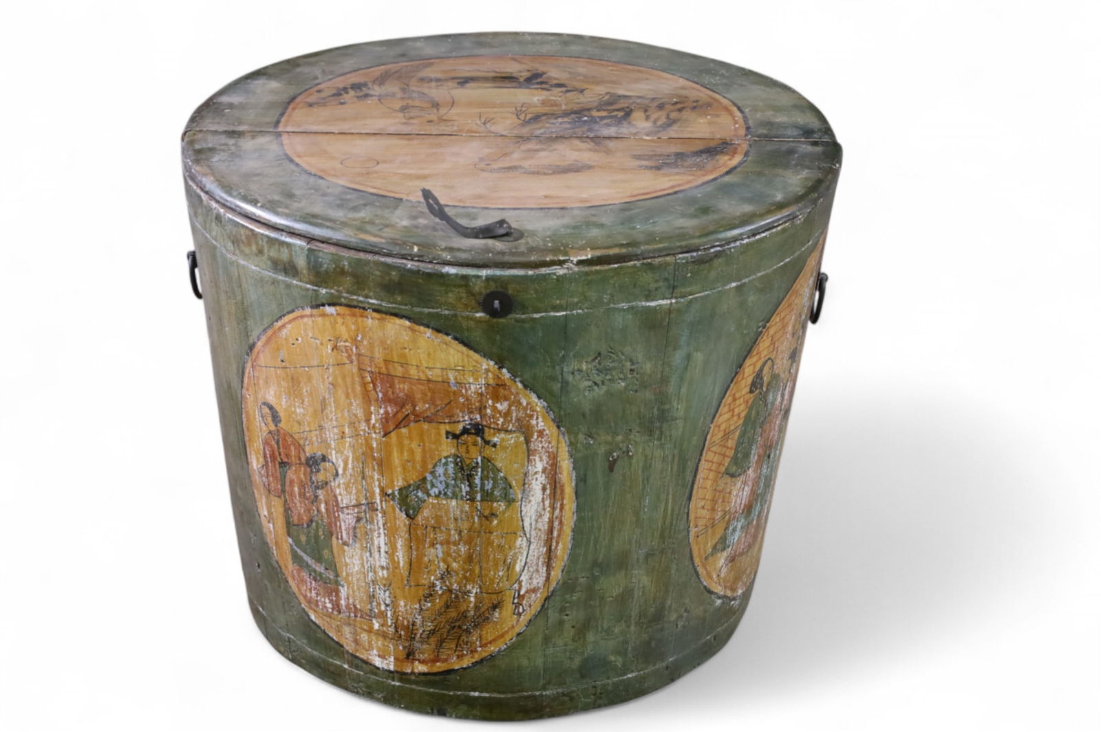 LARGE ASIAN RICE BIN: LARGE HAND PAINTED WOOD ASIAN RICE BIN, PAINT LOSS. 27" W x 22" H. THIS ITEM EXCEEDS SIZE LIMITATIONS FOR IN HOUSE SHIPPING, MUST BE PICKED UP IN HOUSE OR SHIPPED VIA 3rd PARTY GROUND SHIPPER.