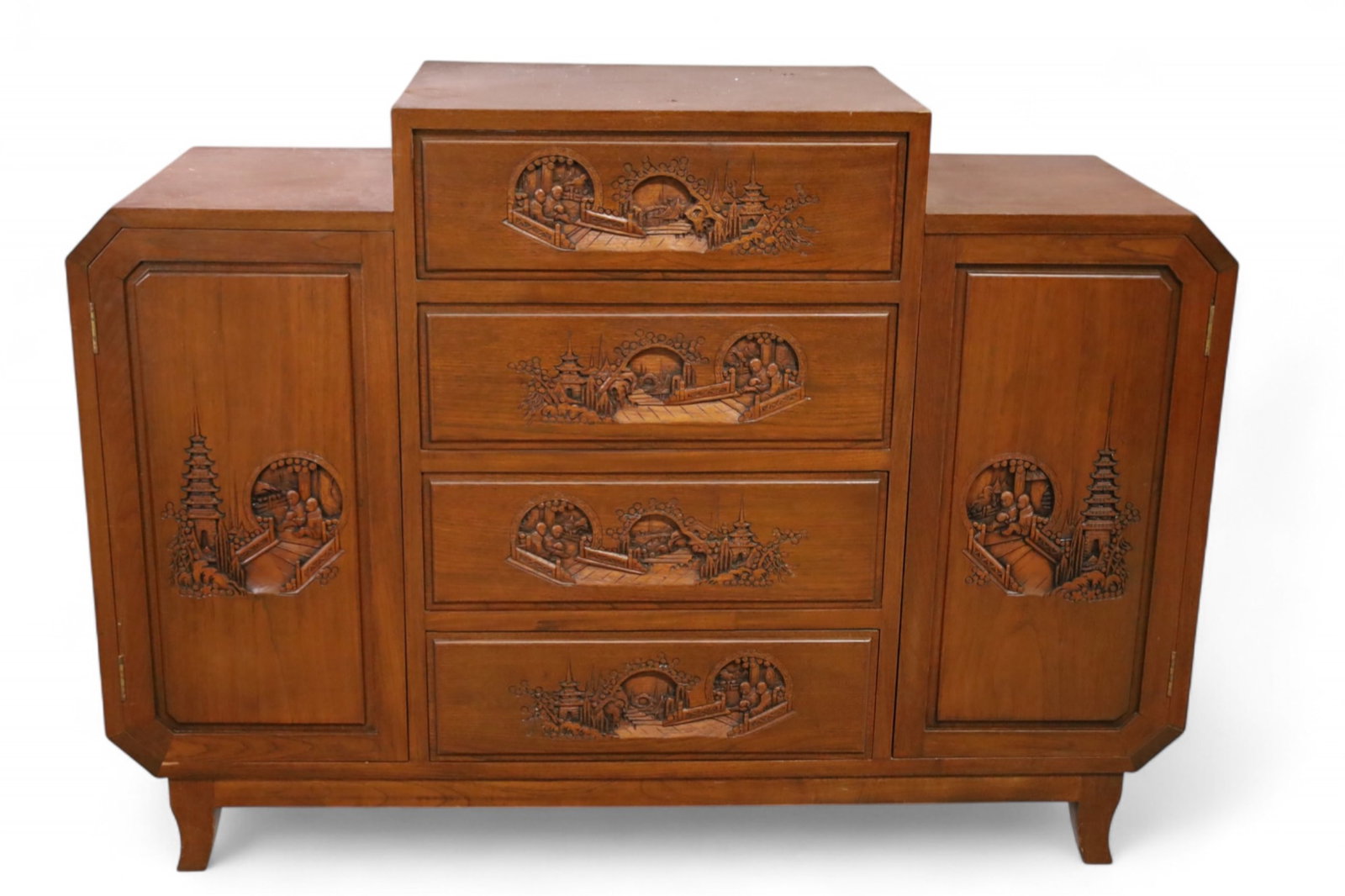 CHINESE HARDWOOD BUFFET: LARGE CHINESE HARDWOOD BUFFET, FOUR DRAWERS, TWO DOORS. 58 1/2" W x 19" D x 42" H. THIS ITEM EXCEEDS SIZE LIMITATIONS FOR IN HOUSE SHIPPING, MUST BE PICKED UP IN HOUSE OR SHIPPED VIA 3rd PARTY GROUND 