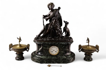 LARGE BRONZE & MARBLE CLOCK SET