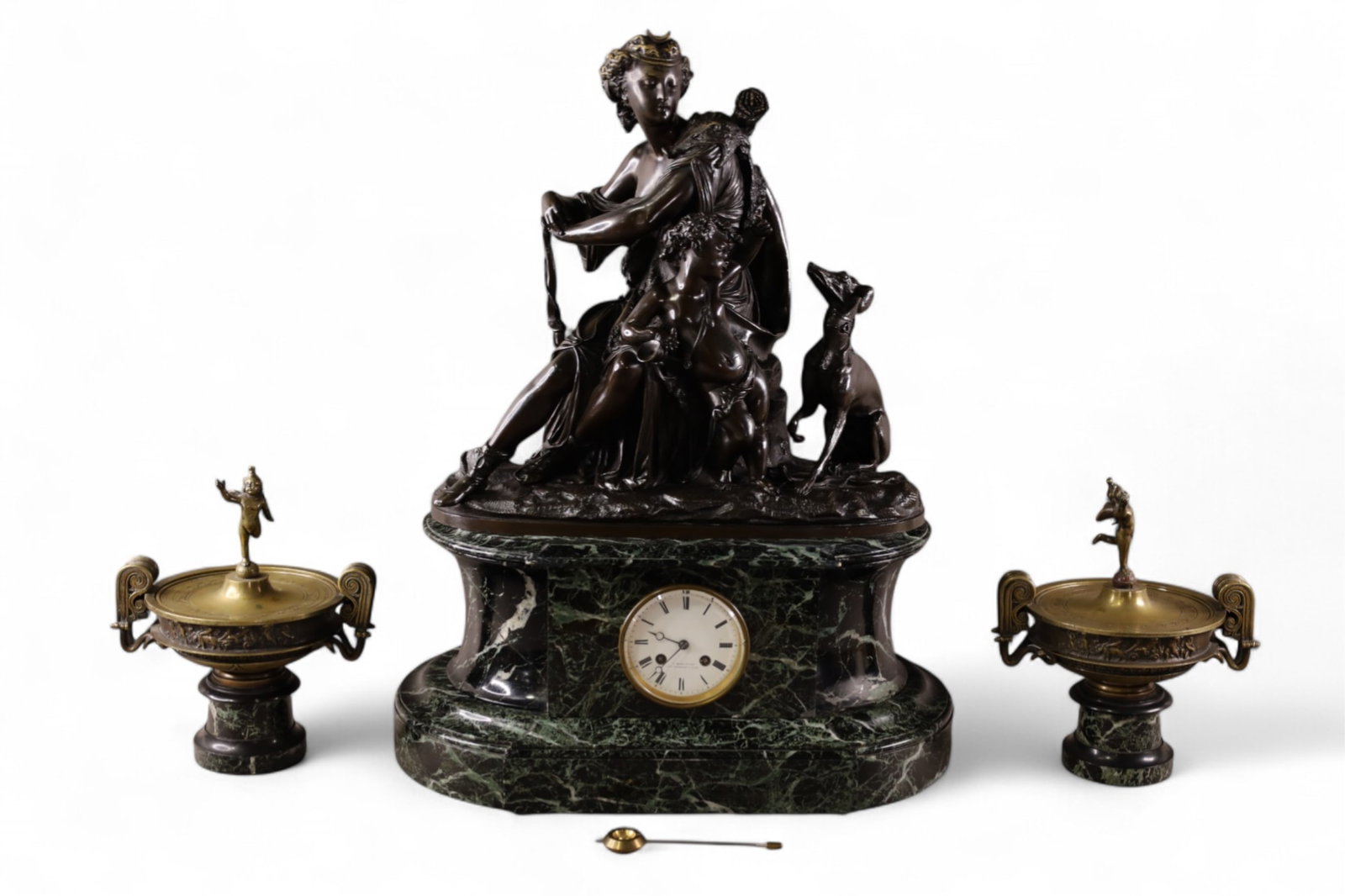 LARGE BRONZE & MARBLE CLOCK SET: LARGE GREEN MARBLE CLOCK SET, WITH LARGE BRONZE GROUPING. PAIR OF OUTER GARNITURES. CLOCK MARKED L. MARCHAND. WITH PENDULUM. NO KEY. ALL CLOCKS ARE SOLD AS IS WE DO NOT GUARANTEE WORKING ORDER. 20" W