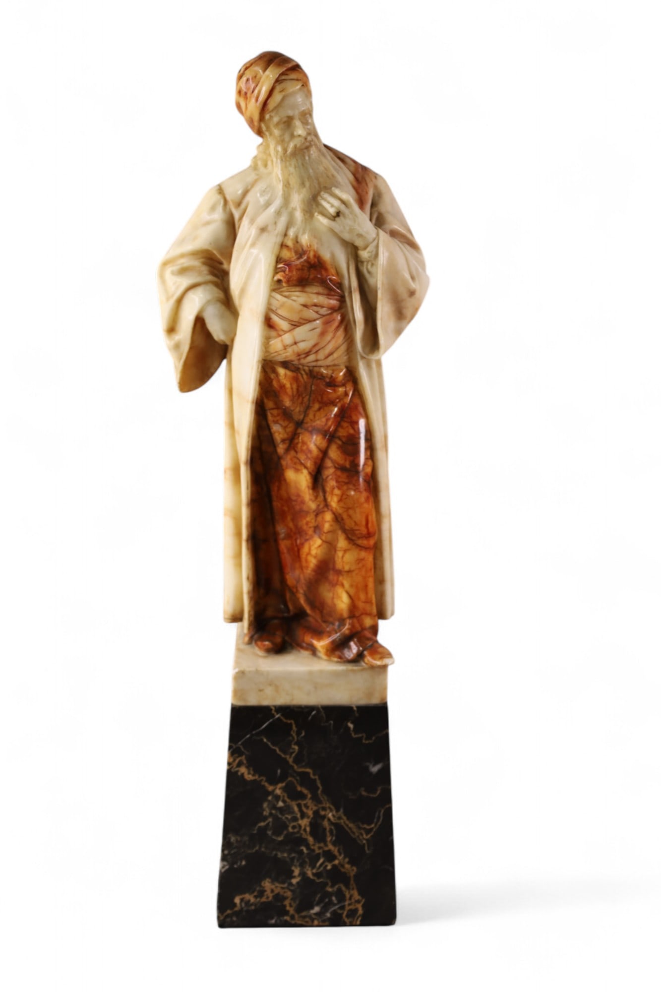 ALABASTER SCULPTURE: LARGE ALABASTER SCULPTURE, OF NATHAN THE WISE, BY ADOLF JAHN. CHIPS THROUGHOUT. 22" H.