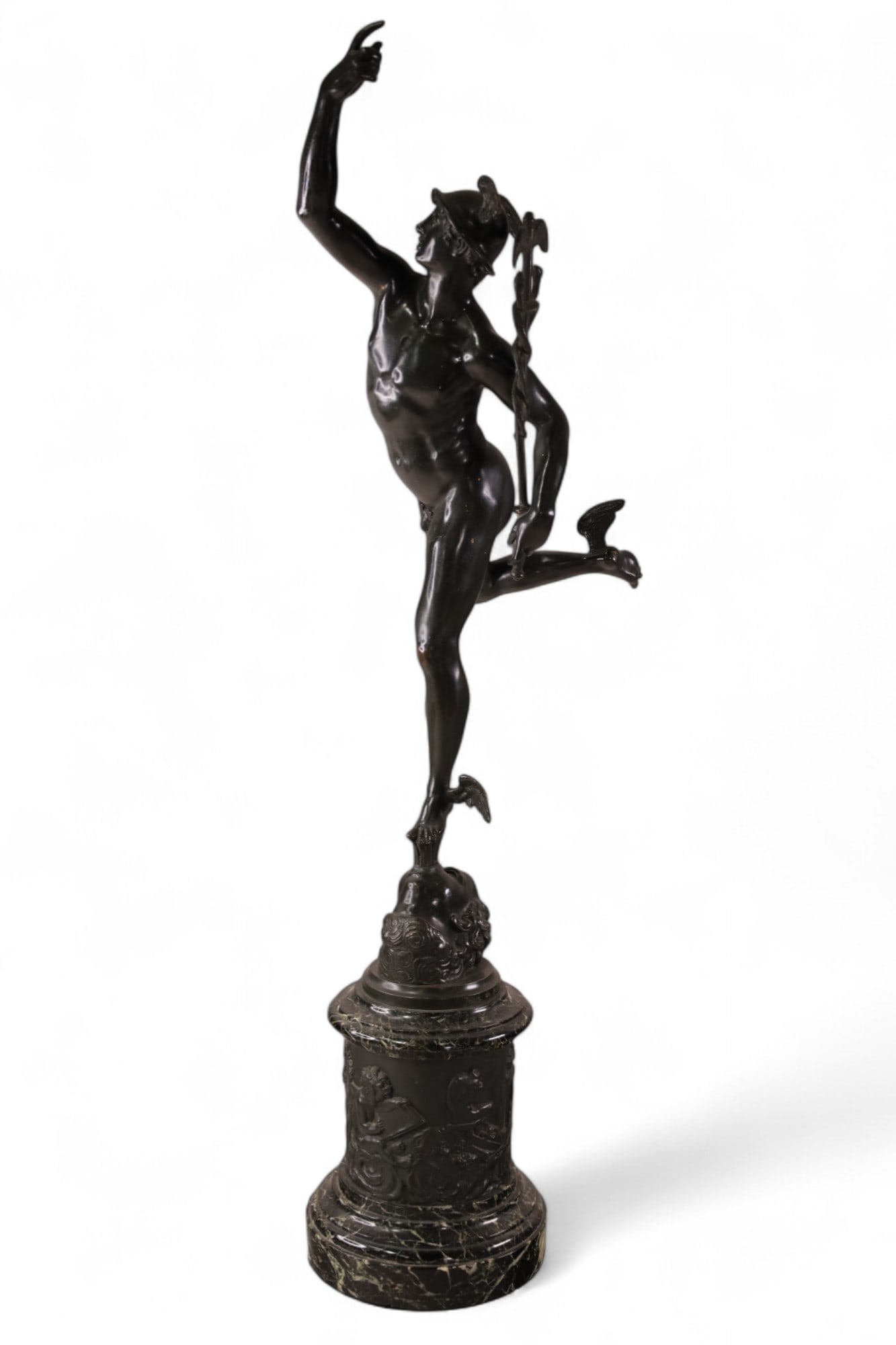 LARGE MERCURY BRONZE: SIGNED MERCURY BRONZE ON MARBLE BASE, SIGNED JEAN DEBOLOGNA. 34" H. THIS ITEM EXCEEDS SIZE LIMITATIONS FOR IN HOUSE SHIPPING, MUST BE PICKED UP IN HOUSE OR SHIPPED VIA 3rd PARTY GROUND SHIPPER.