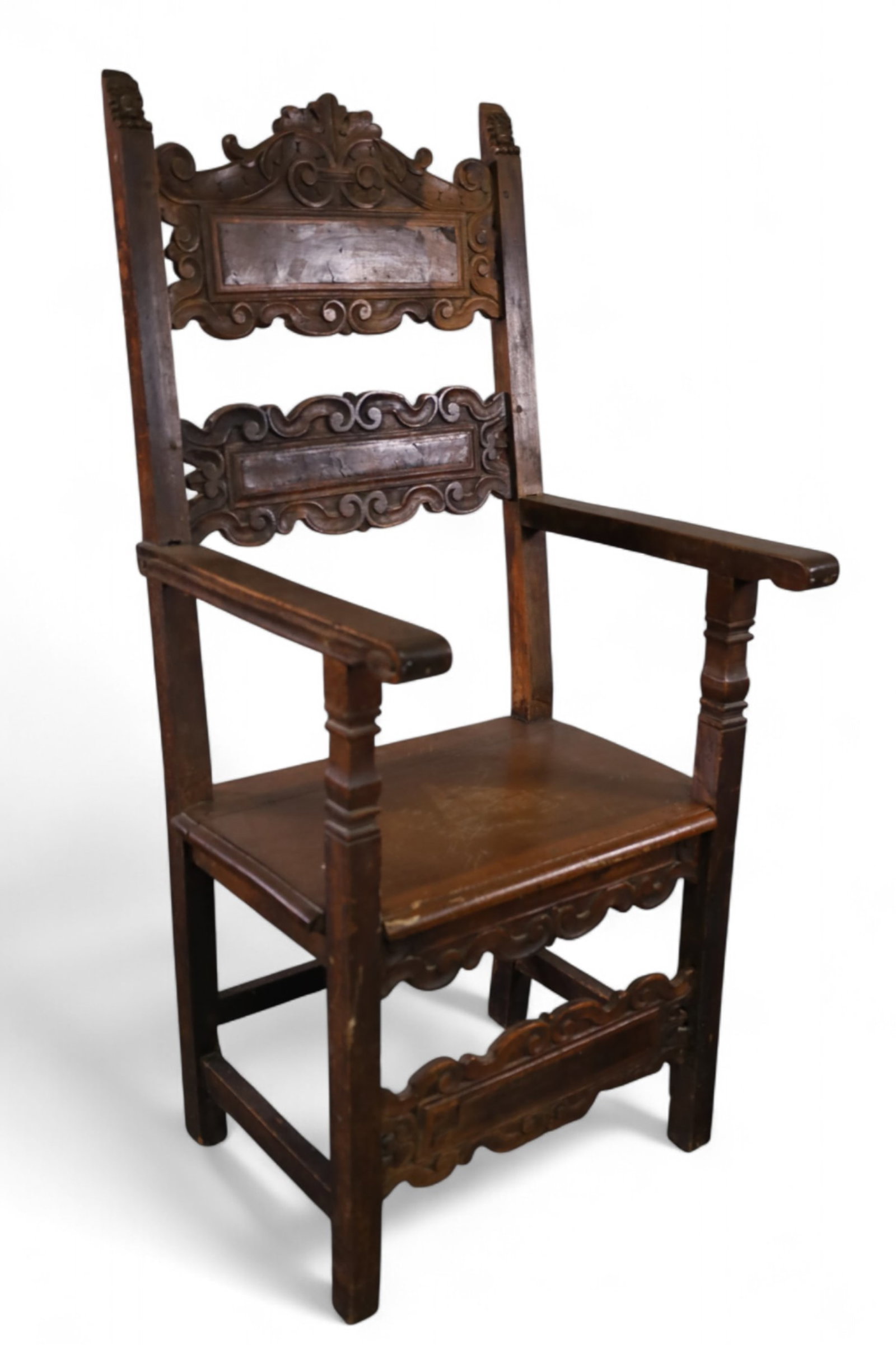 ANTIQUE SPANISH STYLE HALL CHAIR: TALL BACK SPANISH STYLE HALL CHAIR, 24" W x 22" D x 53" H. THIS ITEM EXCEEDS SIZE LIMITATIONS FOR IN HOUSE SHIPPING, MUST BE PICKED UP IN HOUSE OR SHIPPED VIA 3rd PARTY GROUND SHIPPER.