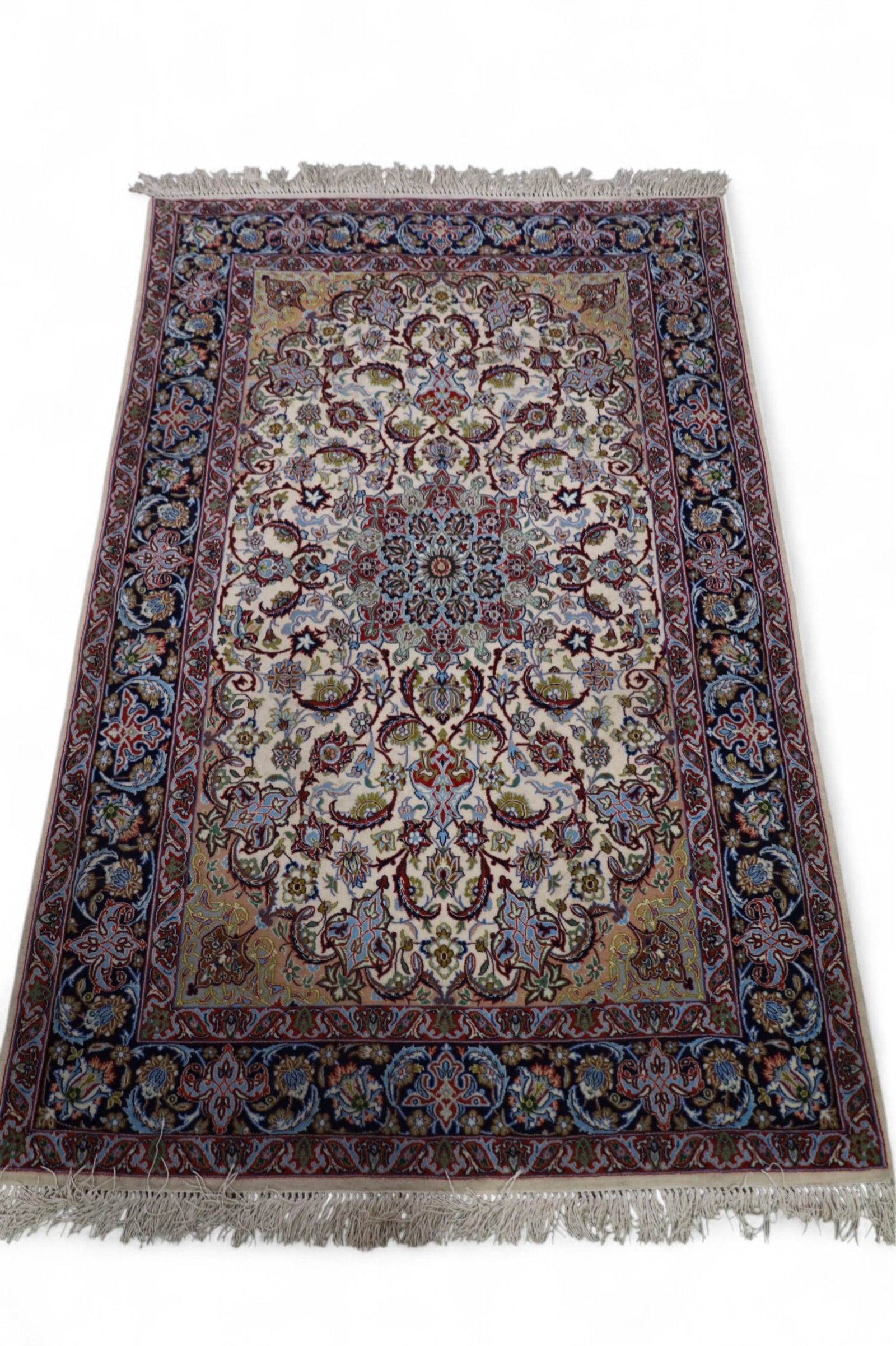 APPROX 5' 7" x 3' 8" ISFAHAN SILK RUG: HANDMADE ISFAHAN WOOL ON SILK RUG,