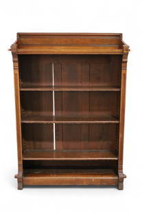 VICTORIAN WALNUT BOOKSHELF: VICTORIAN BOOKSHELF, THREE SHELVES. WEAR TO FINISH, SURFACE SCRATCHES. AGE SPLITS. MISSING ONE KEY. 42" W x 13" D x 57" H. THIS ITEM EXCEEDS SIZE LIMITATIONS FOR IN HOUSE SHIPPING, MUST BE PICKED UP I