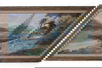LARGE HARBOR SCENE PAINTING