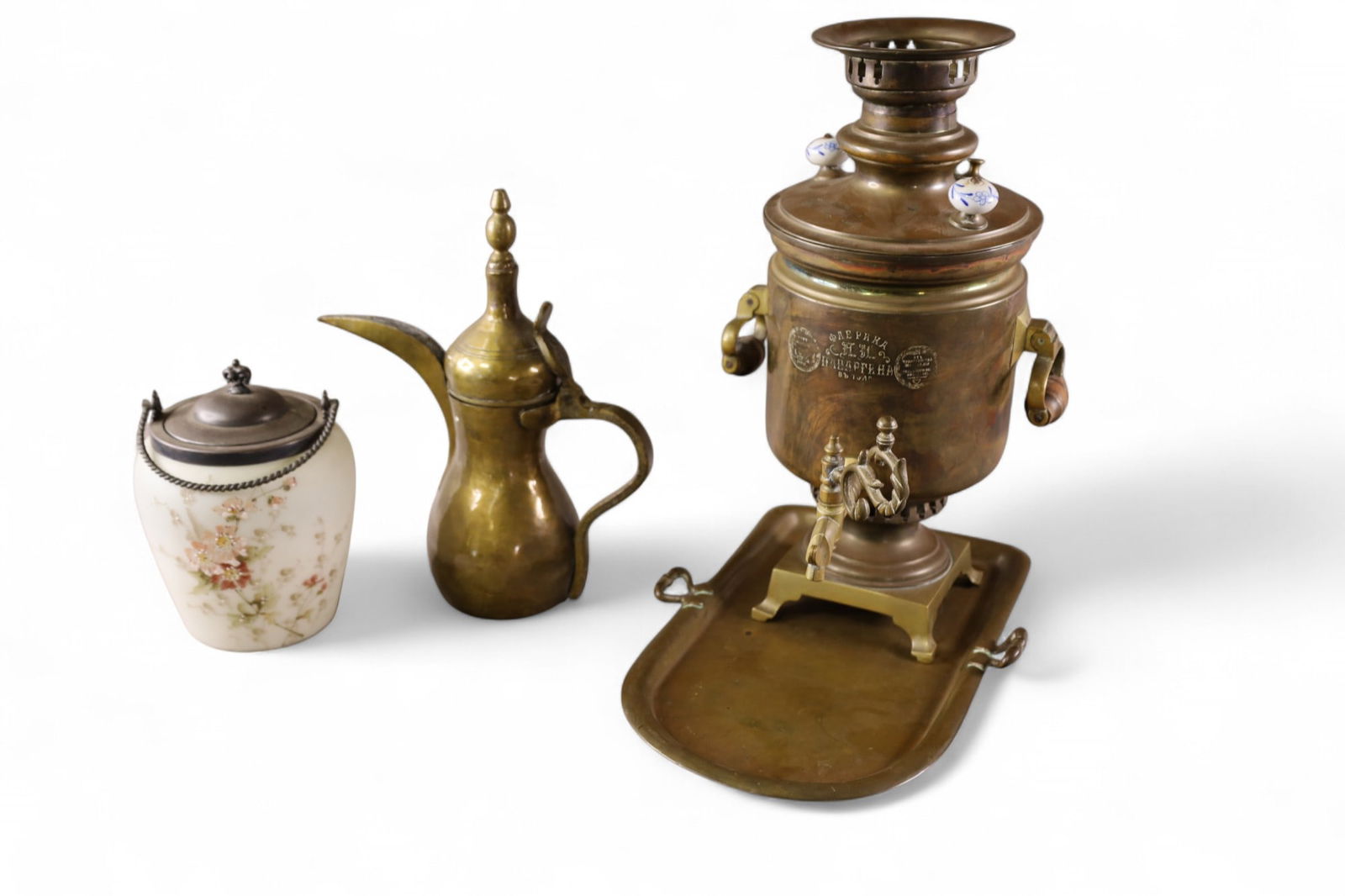 3 TABLE ITEMS: BISCUIT JAR, SAMOVAR, & BRASS PITCHER. 7" - 17" H.