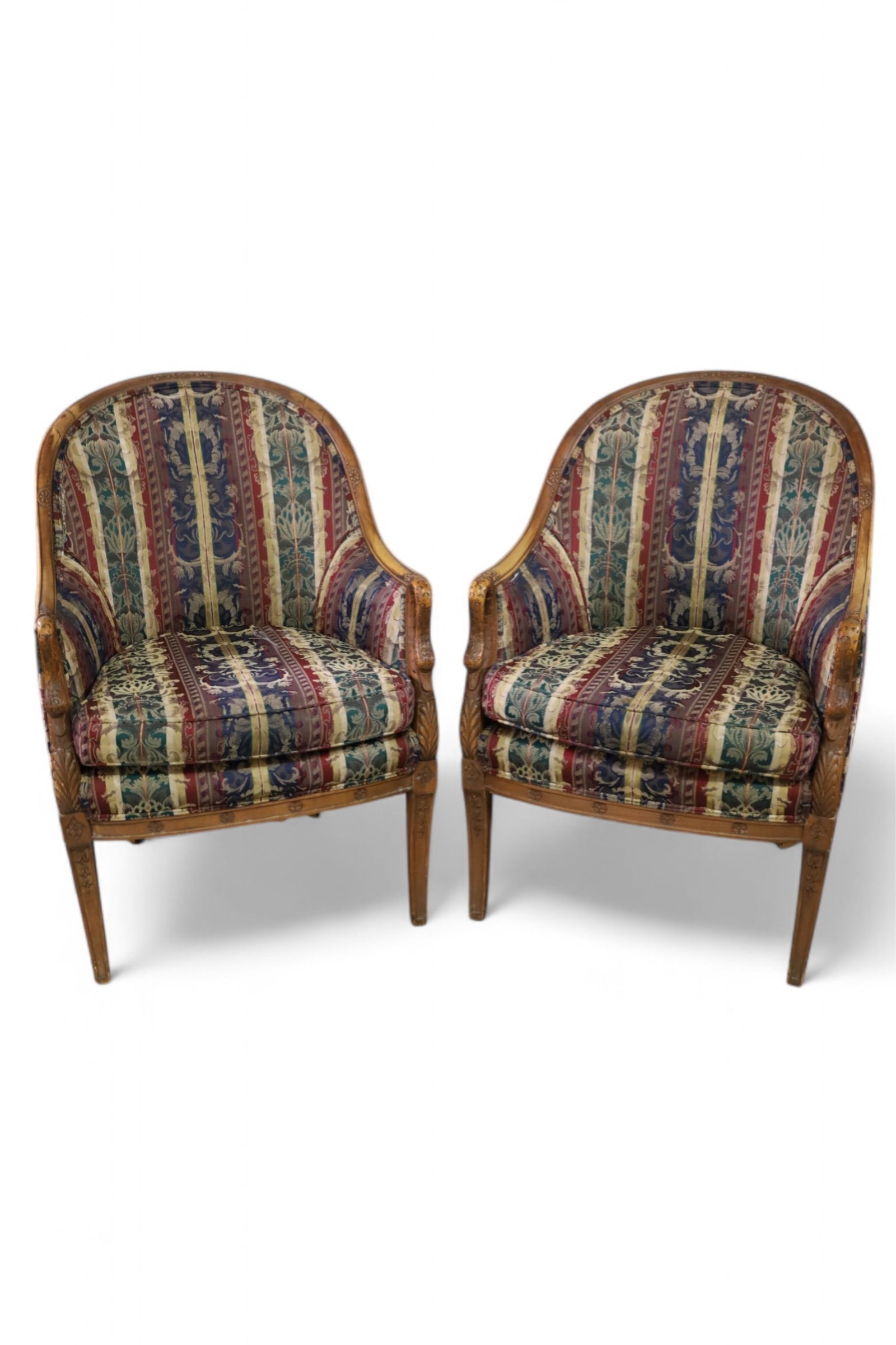 PAIR OF FRENCH STYLE PARLOR CHAIRS: PAIR OF CARVED FRENCH STYLE PARLOR CHAIRS, SOME WEAR TO UPHOLSTERY. 25" W x 21" D x 36" H. THIS ITEM EXCEEDS SIZE LIMITATIONS FOR IN HOUSE SHIPPING, MUST BE PICKED UP IN HOUSE OR SHIPPED VIA 3rd PARTY