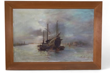 HARBOR SCENE OIL PAINTING