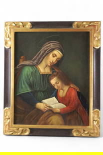 ANTIQUE RELIGIOUS OIL PAINTING: OIL ON CANVAS, UNSIGNED. MADONNA AND CHILD OIL PAINTING. 22" x 26" IN FRAME