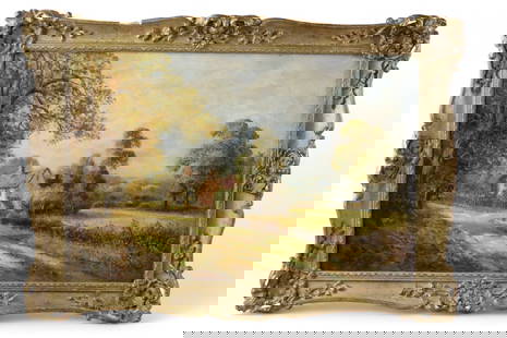 EUROPEAN LANDSCAPE PAINTING: OIL ON CANVAS, SIGNED LOWER RIGHT, ILLEGIBLE. SOME DAMAGE TO FRAME. 29" x 21" IN FRAME,