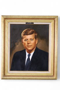LAWRENCE WILLIAMS PRESIDENTIAL PORTRAIT PAINTING: OIL ON CANVAS, SIGNED L. WILLIAMS. PRESIDENTIAL PORTRAIT OF JOHN F. KENNEDY. 28 1/2" x 32" IN FRAME