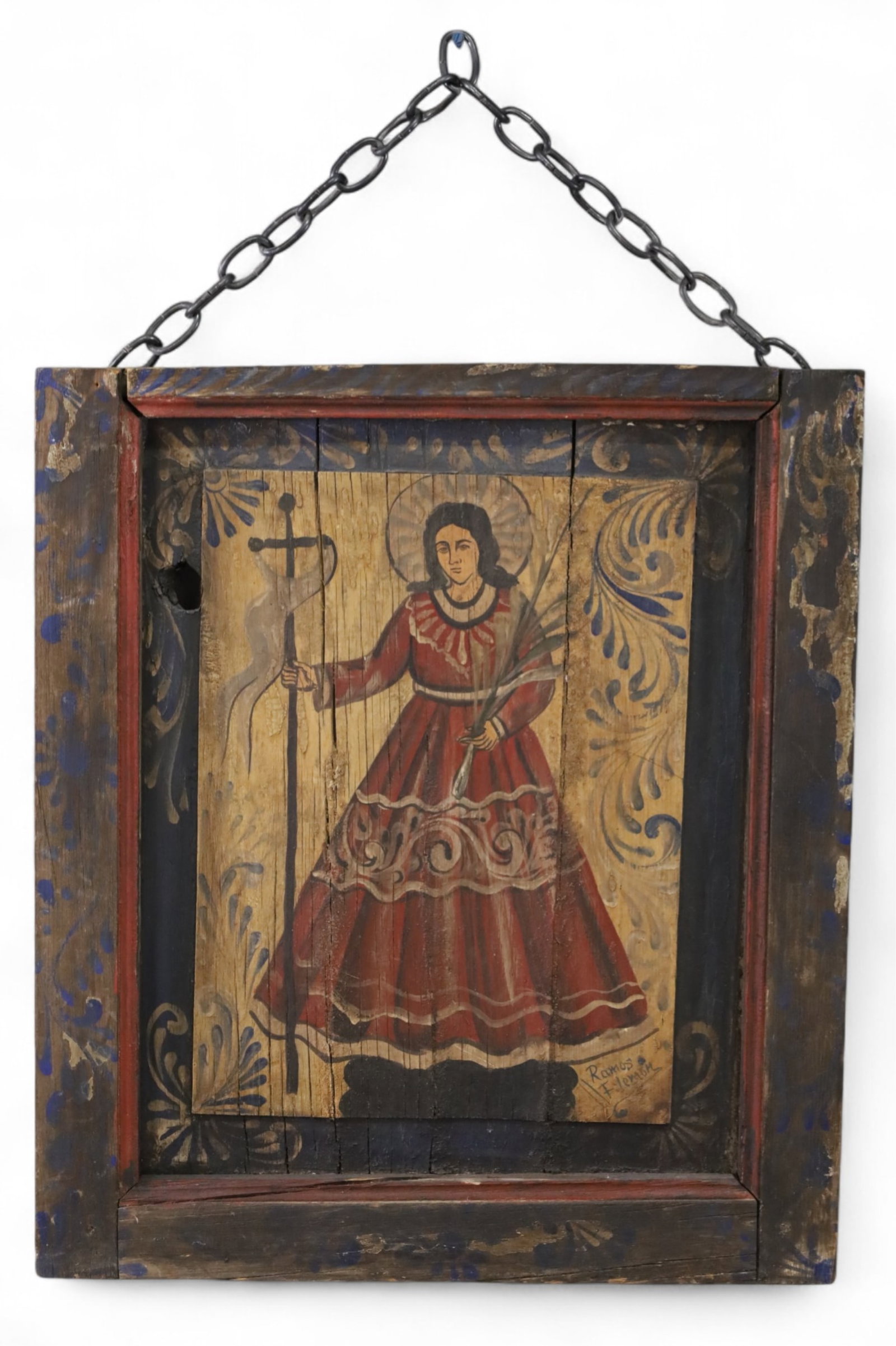 ANTIQUE RELIGIOUS PANEL: LARGE RELIGIOUS PANEL ON WOOD, MEXICAN RETABLO DEPICTING SAN FELIPE. SOME PAIT LOSS. 22" x 25"