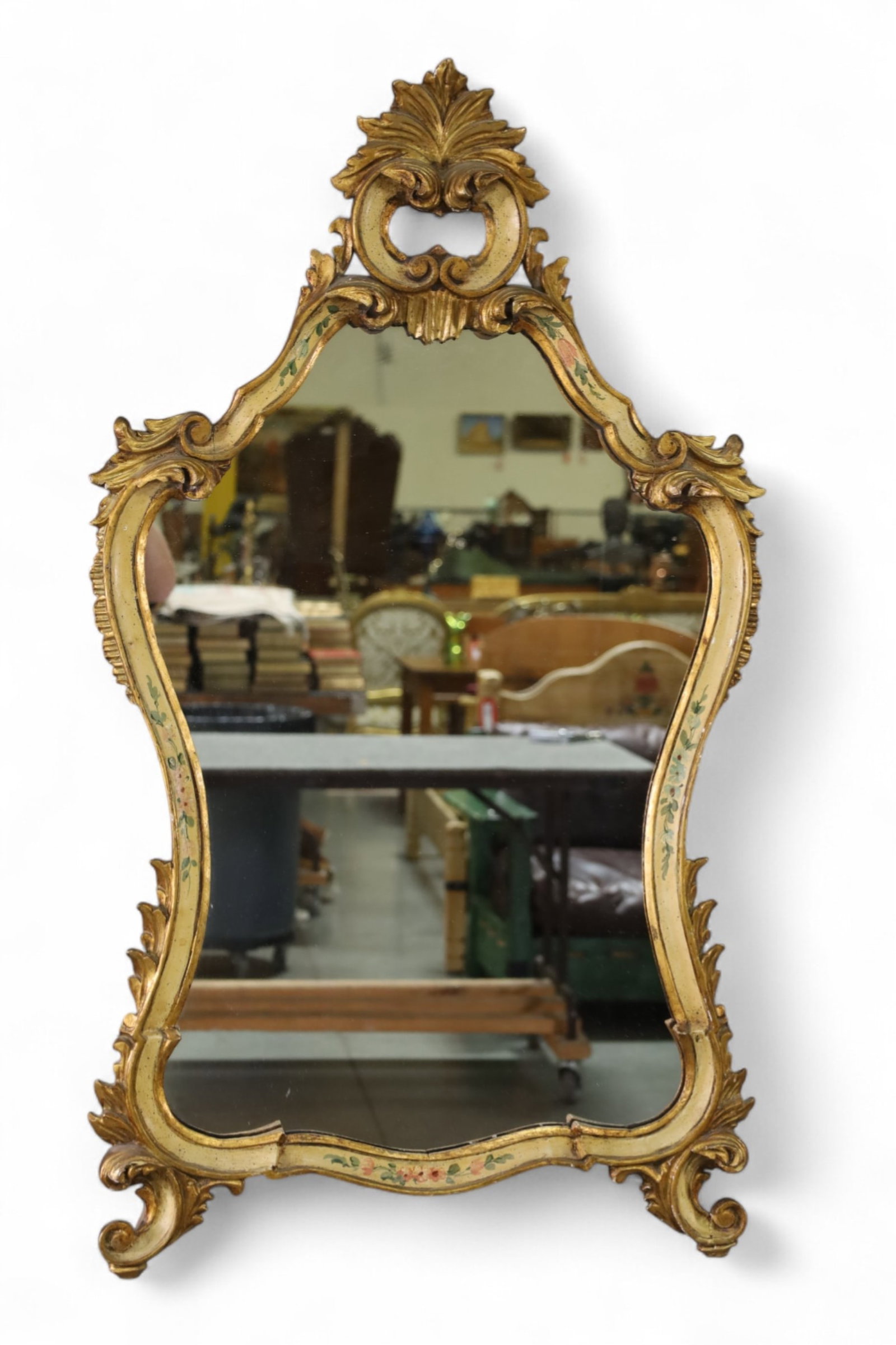 GOLD GILT WALL MIRROR: DECORATIVE ITALIAN GOLD GILT WALL MIRROR. REPAIR TO SIDE. 24" x 42" THIS ITEM EXCEEDS SIZE LIMITATIONS FOR IN HOUSE SHIPPING, MUST BE PICKED UP IN HOUSE OR SHIPPED VIA 3rd PARTY GROUND SHIPPER.