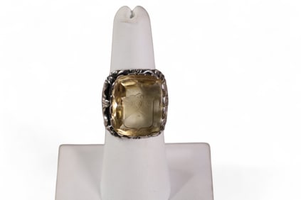 SILVER, LEMON QUARTZ INTAGLIO RING