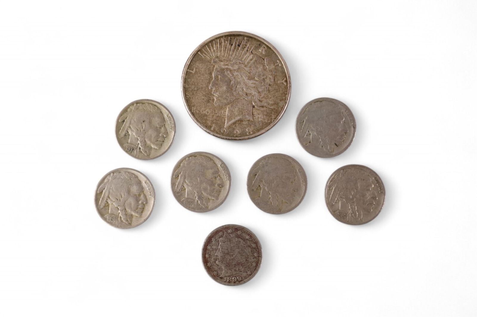 1923 SILVER DOLLAR & BUFFALO NICKELS: MISC BUFFALO NICKELS, 1928 PEACE SILVER DOLLAR.