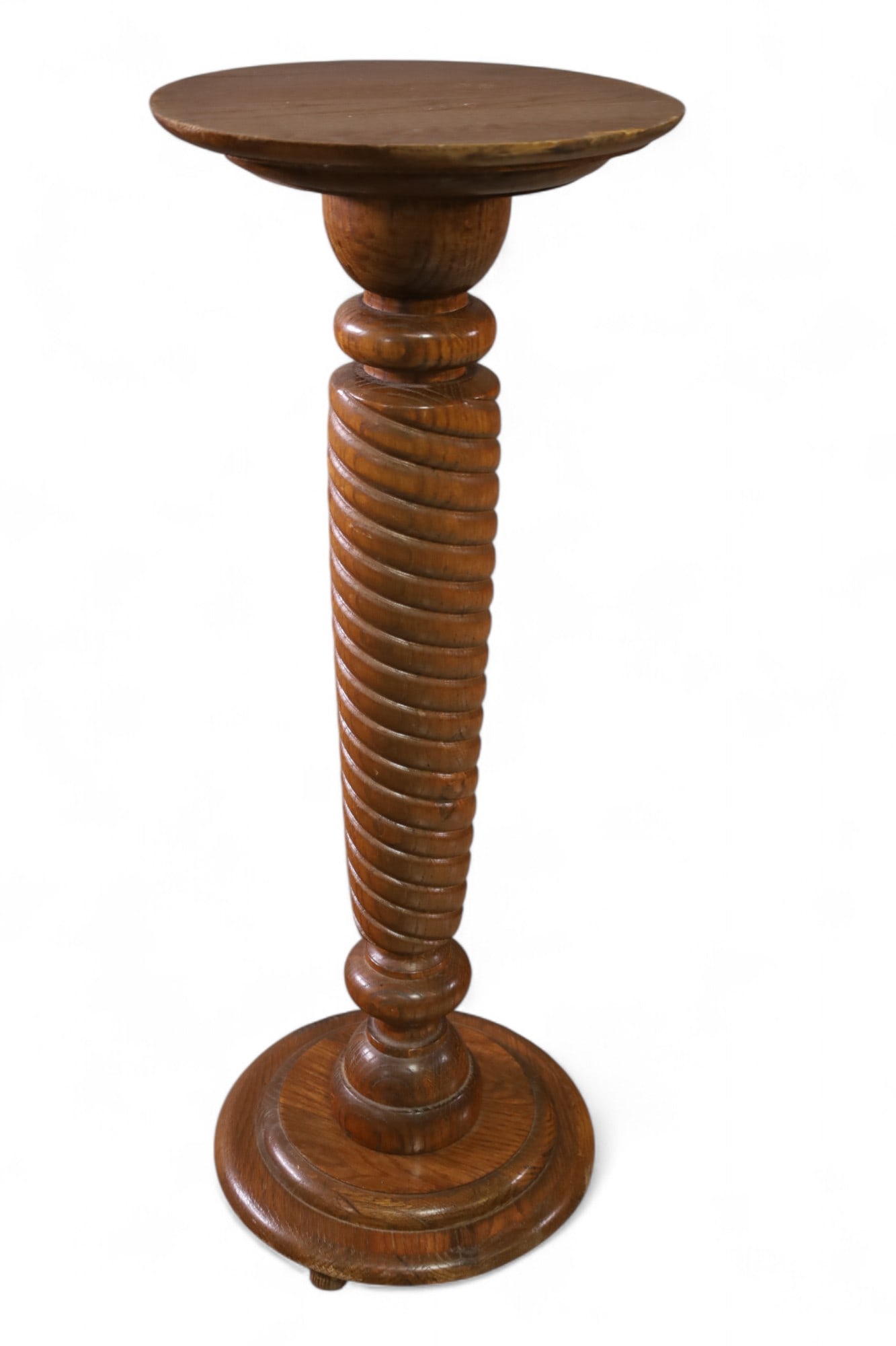 OAK PEDESTAL: AMERICAN OAK PEDESTAL, CHIP TO TOP. 12" DIAM x 35" H. THIS ITEM EXCEEDS SIZE LIMITATIONS FOR IN HOUSE SHIPPING, MUST BE PICKED UP IN HOUSE OR SHIPPED VIA 3rd PARTY GROUND SHIPPER.