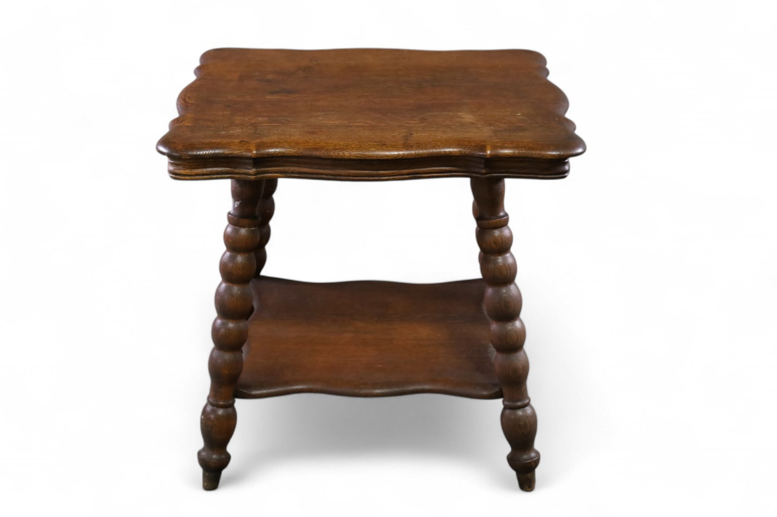 AMERICAN OAK LAMP TABLE: TWO TIER AMERICAN OAK LAMP TABLE, 27" x 27" x 26" H. THIS ITEM EXCEEDS SIZE LIMITATIONS FOR IN HOUSE SHIPPING, MUST BE PICKED UP IN HOUSE OR SHIPPED VIA 3rd PARTY GROUND SHIPPER.