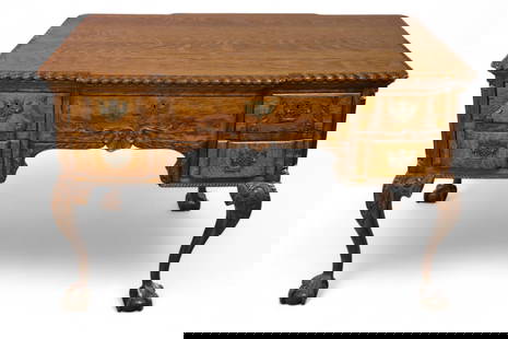 FANCY AMERICAN OAK PARTNERS DESK: LARGE AMERICAN OAK DESK, CARVED SKIRT, LARGE BALL AND CLAW FOOT. FAUX DRAWERS ON ONE SIDE. MISSION 1 PULL. 48" W x 34" D x 31" H. THIS ITEM EXCEEDS SIZE LIMITATIONS FOR IN HOUSE SHIPPING, MUST BE PICK