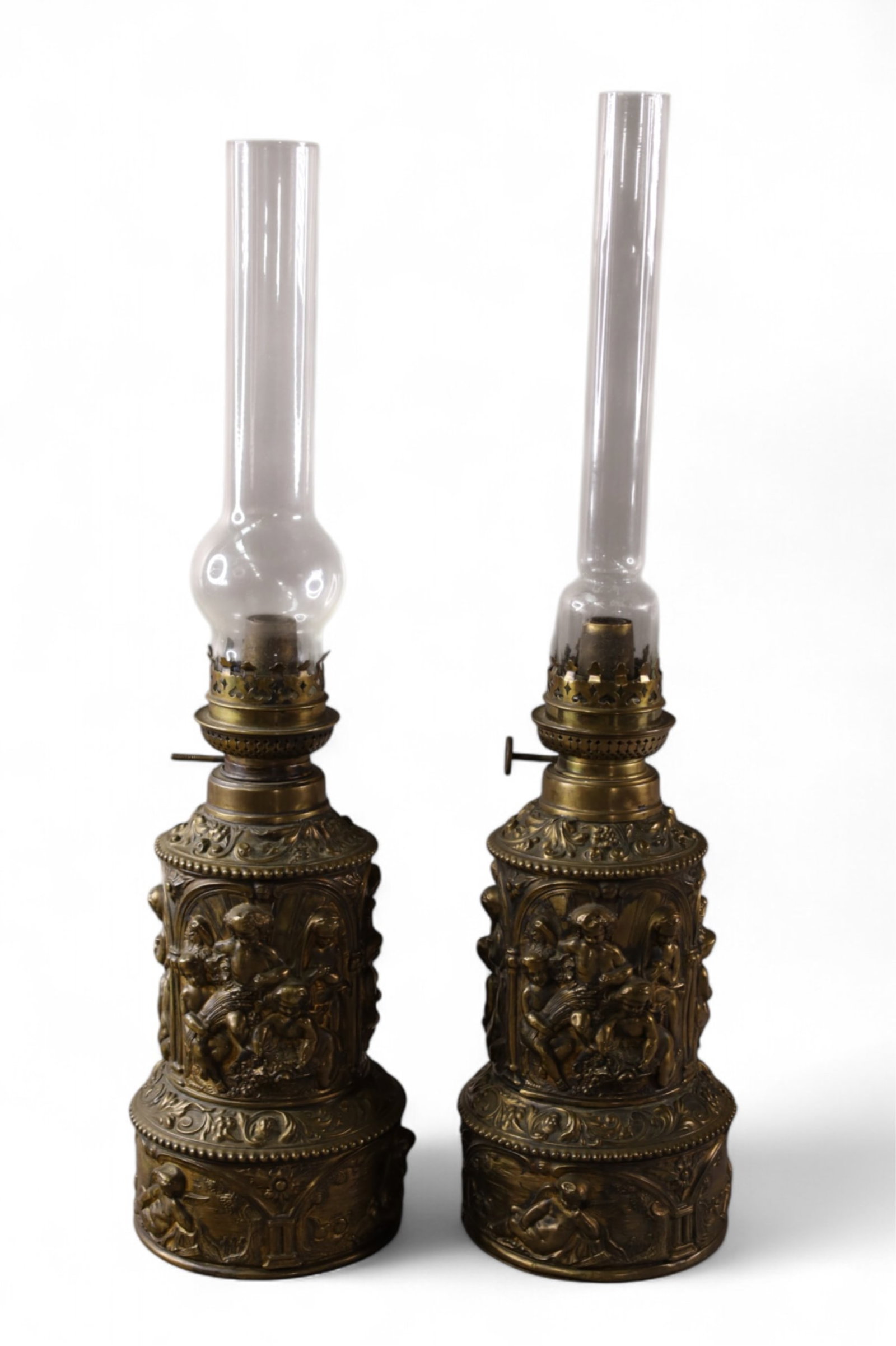PAIR OF FRENCH OIL LAMPS: PAIR OF FRENCH REPOUSSE OIL LAMPS, WITH CHIMNEYS. 21" H.