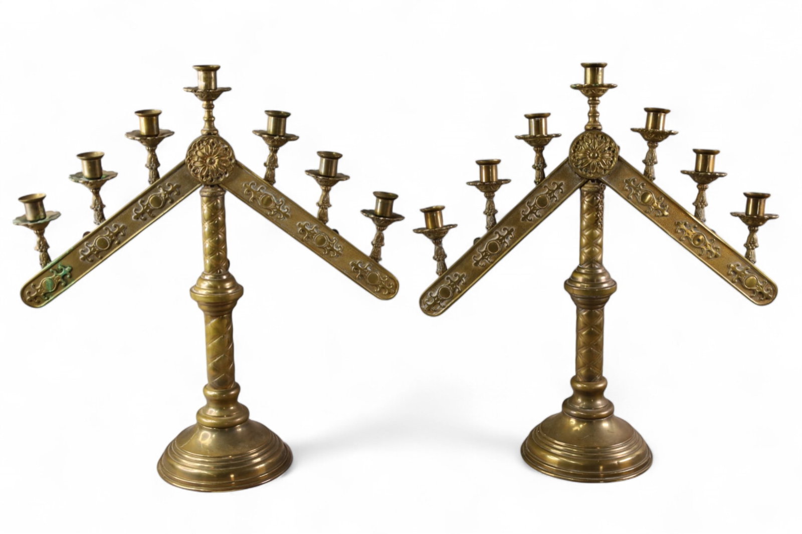 PAIR OF ALTAR CANDLE HOLDERS: PAIR OF CHURCH ALTAR BRONZE CANDLE HOLDERS. 19" W.