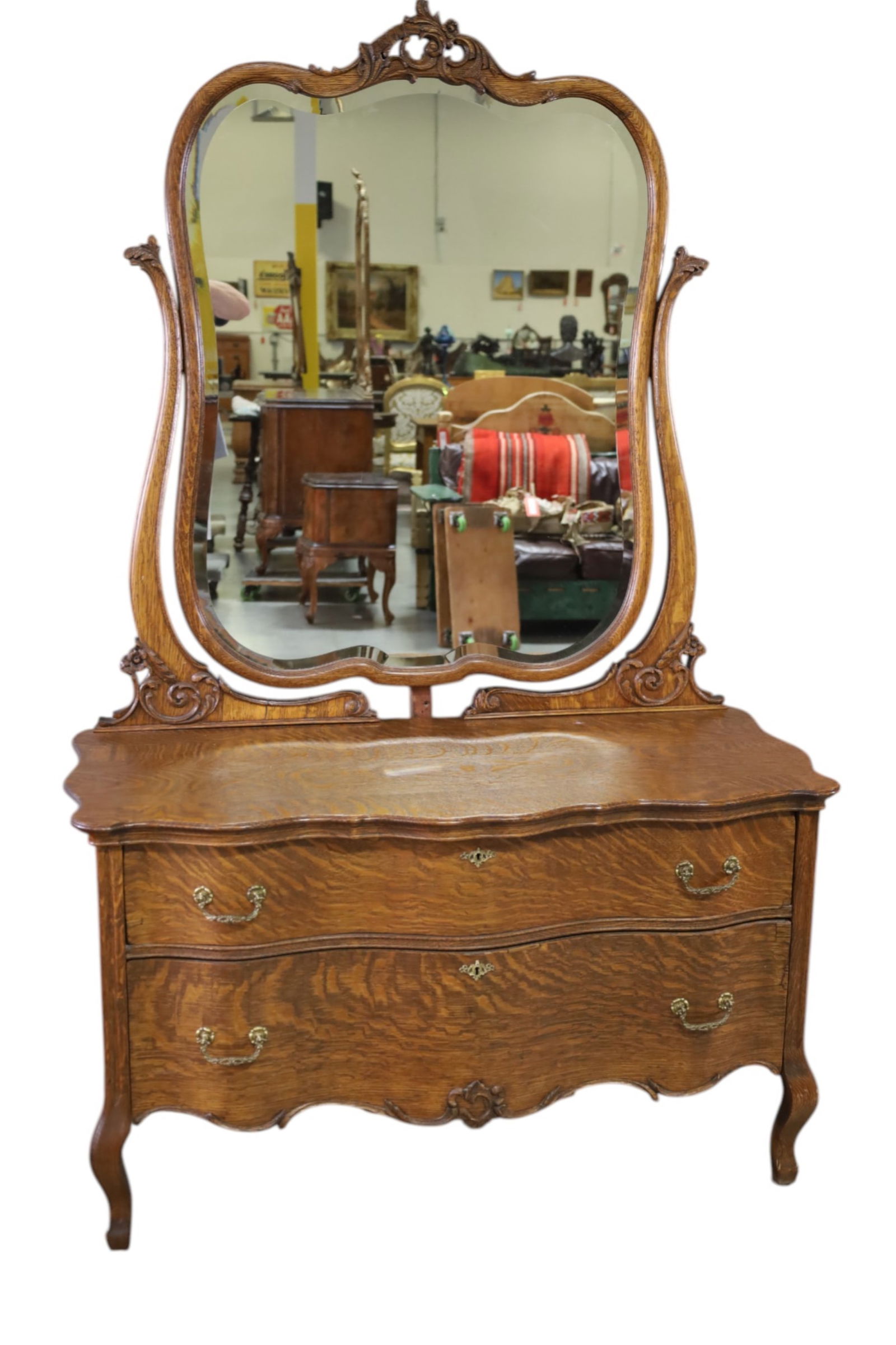 AMERICAN OAK LOW BOY DRESSER: LARGE AMERICAN OAK LOWBOY WITH MIRROR, TWO DRAWER LOWER. DAMAGE TO ONE FOOT. 45" W x 22" D x 71" H. THIS ITEM EXCEEDS SIZE LIMITATIONS FOR IN HOUSE SHIPPING, MUST BE PICKED UP IN HOUSE OR SHIPPED VIA
