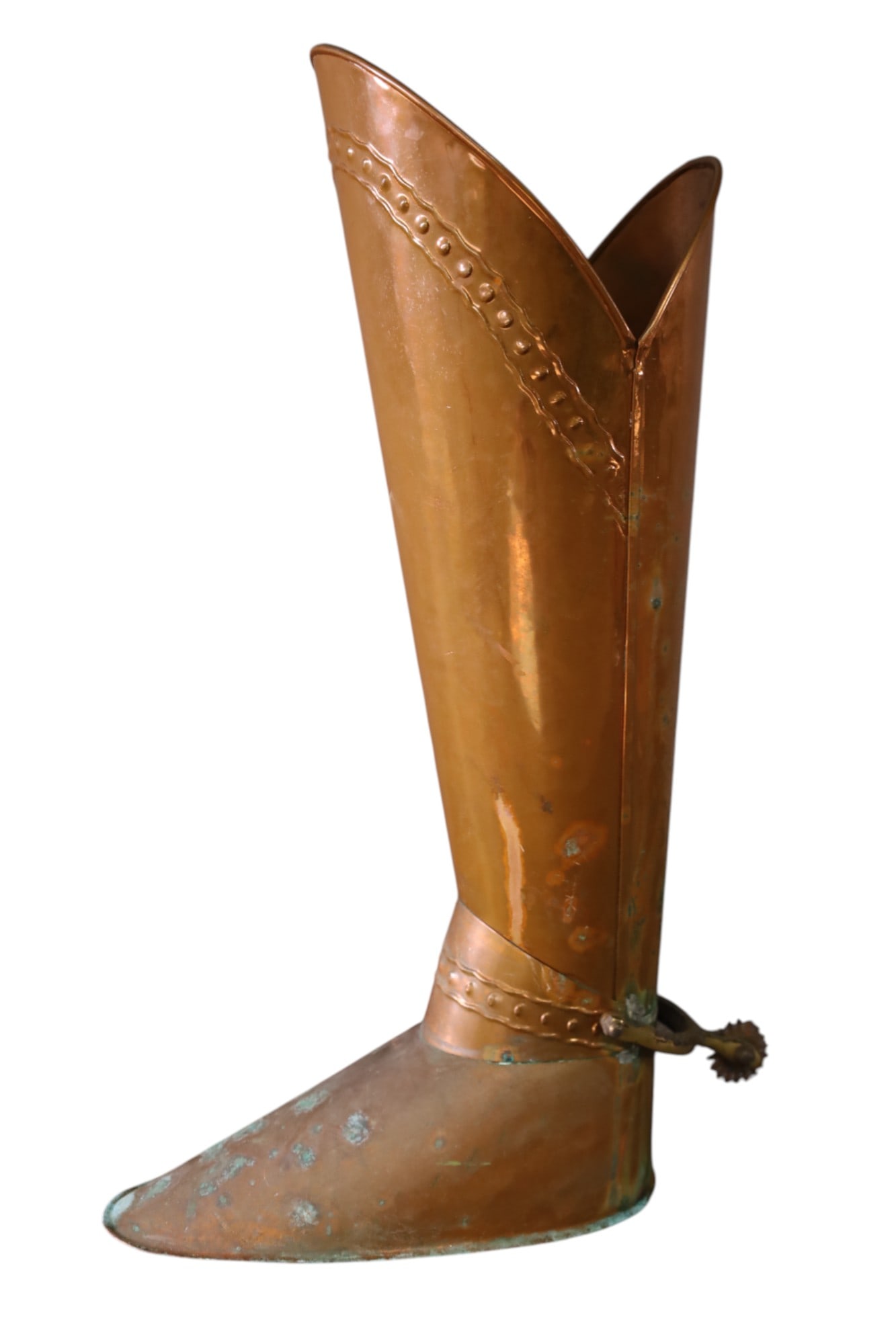 ENGLISH COPPER UMBRELLA STAND: BOOT FORM UMBRELLA STAND, 20" H.