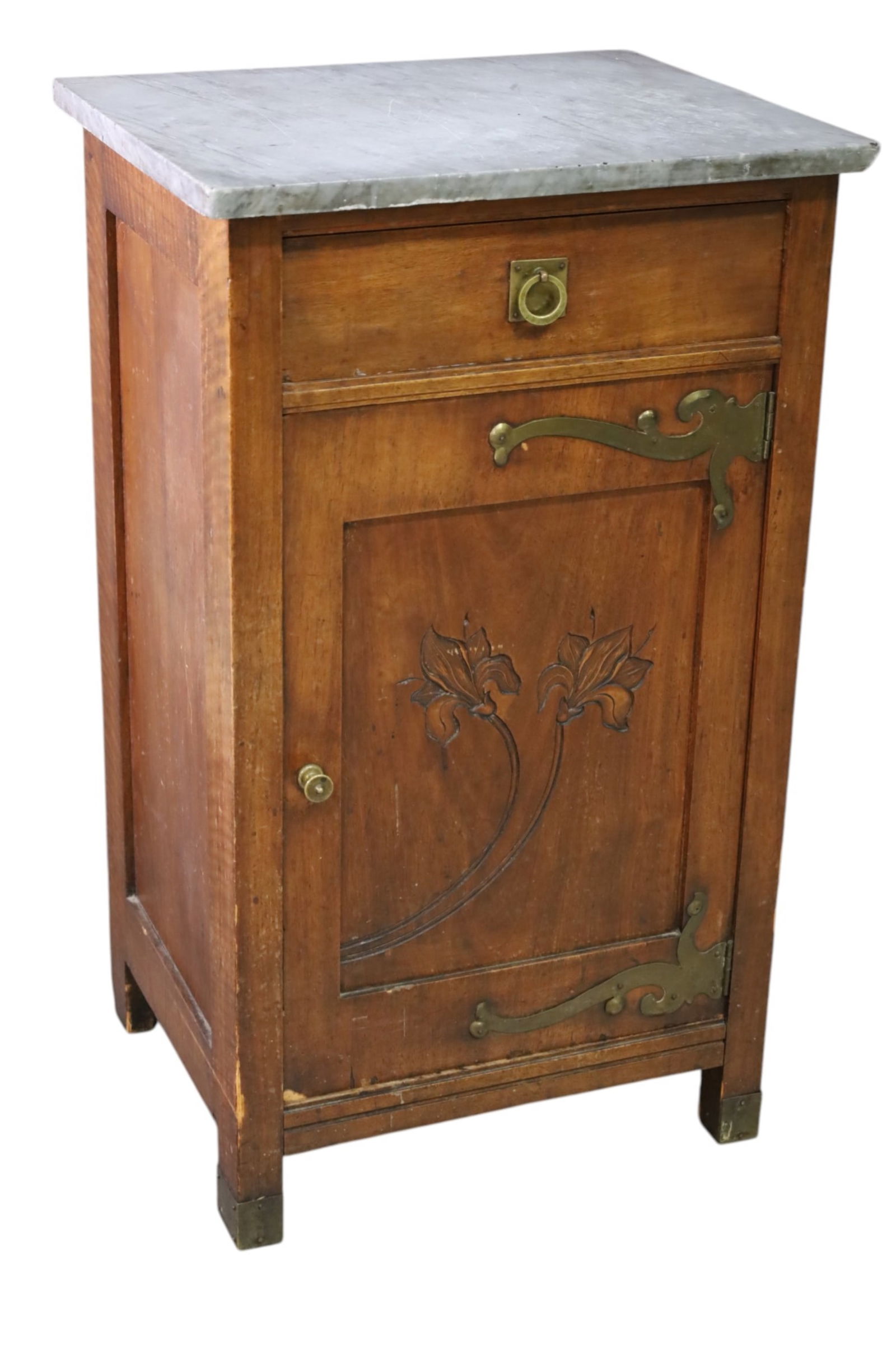 MARBLE TOP NIGHTSTAND: SINGLE DOOR, SINGLE DRAWER NIGHTSTAND. MARBLE TOP, CHIPS AND WEAR TO FINISH. NO INTERIOR SHELF. 19" x 16" x 32" H. THIS ITEM EXCEEDS SIZE LIMITATIONS FOR IN HOUSE SHIPPING, MUST BE PICKED UP IN HOUSE