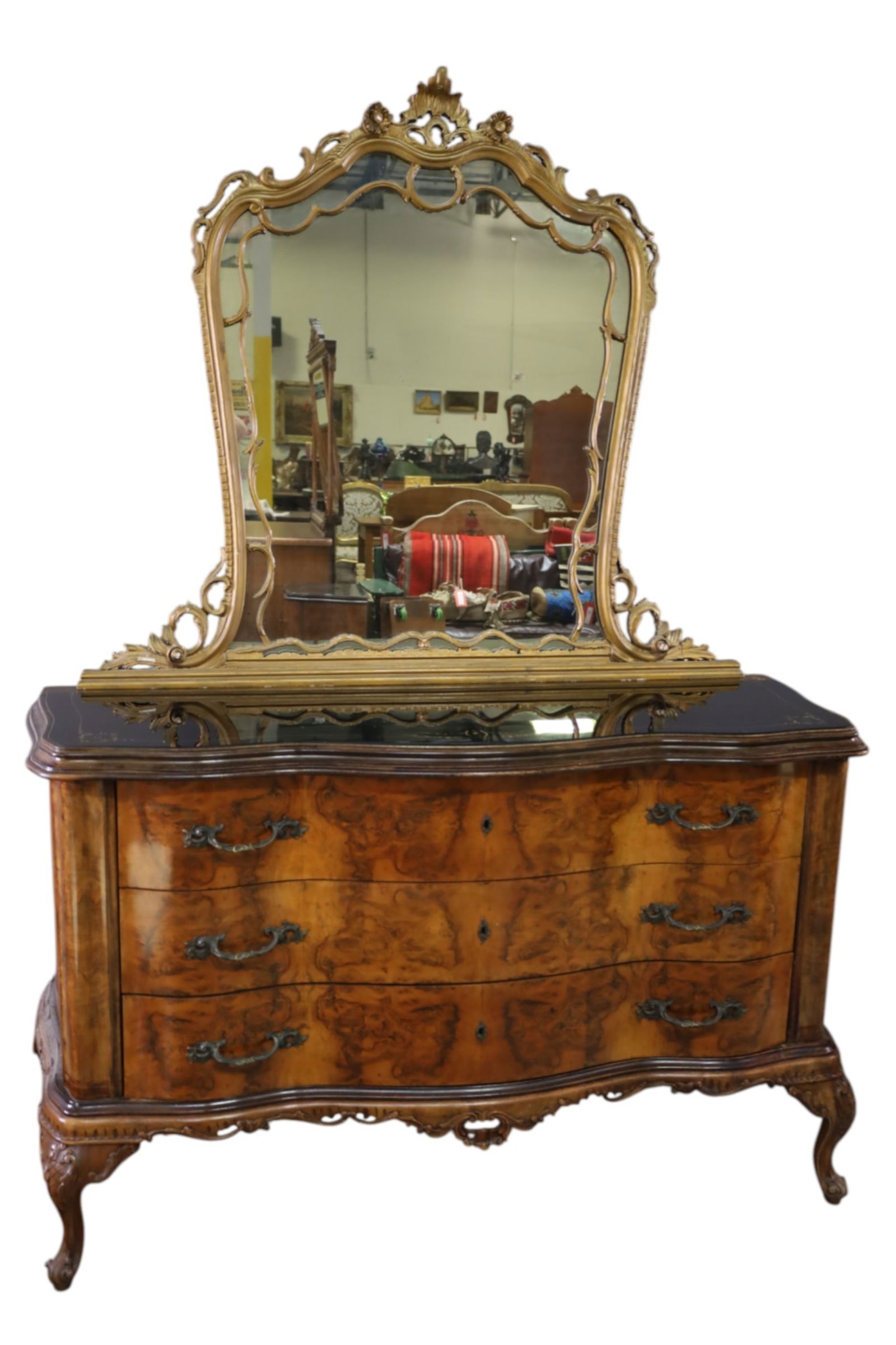 LARGE ITALIAN DRESSER & MIRROR: LARGE ITALIAN DRESSER WITH MIRROR, THREE LOWER DRAWERS, BLACK GLASS TOP. WEAR TO FINISH, PAINT LOSS AND CRACKS. 59" W x 23" D x 80" H. THIS ITEM EXCEEDS SIZE LIMITATIONS FOR IN HOUSE SHIPPING, MUST BE