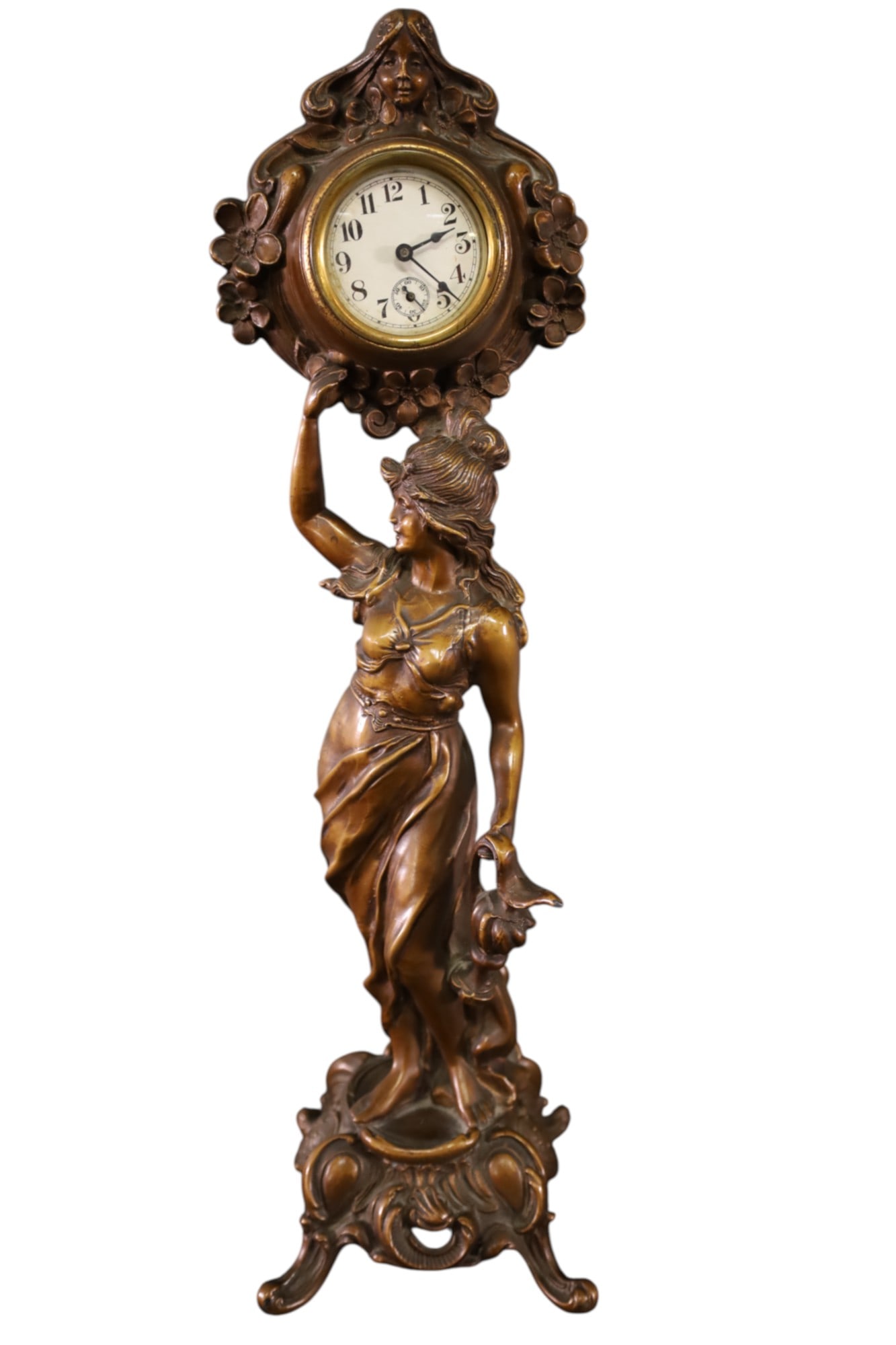 ART NOUVEAU FIGURAL SHELF CLOCK: FIGURAL ART NOUVEAU SHELF CLOCK, 14" H