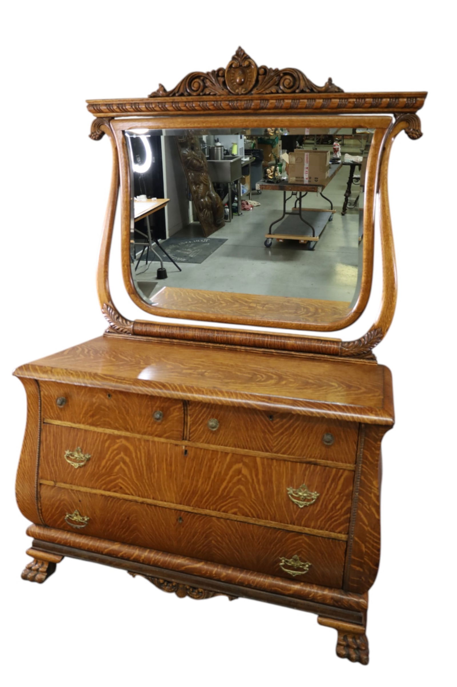 LARGE AMERICAN OAK DRESSER: LARGE AMERICAN OAK DRESSER WITH MIRROR, FOUR LOWER DRAWERS, WEAR TO FINISH, VENEER DAMAGE. 51" W x 23" D x 79" H. THIS ITEM EXCEEDS SIZE LIMITATIONS FOR IN HOUSE SHIPPING, MUST BE PICKED UP IN HOUSE O
