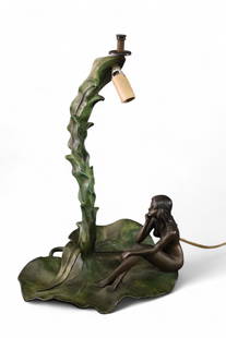ART NOUVEAU TABLE LAMP: COLD PAINTED BRONZE ART NOVEAU NUDE TABLE LAMP LAMP, MARKED ON BASE, BONNEFOND. 10" W x 15" H.